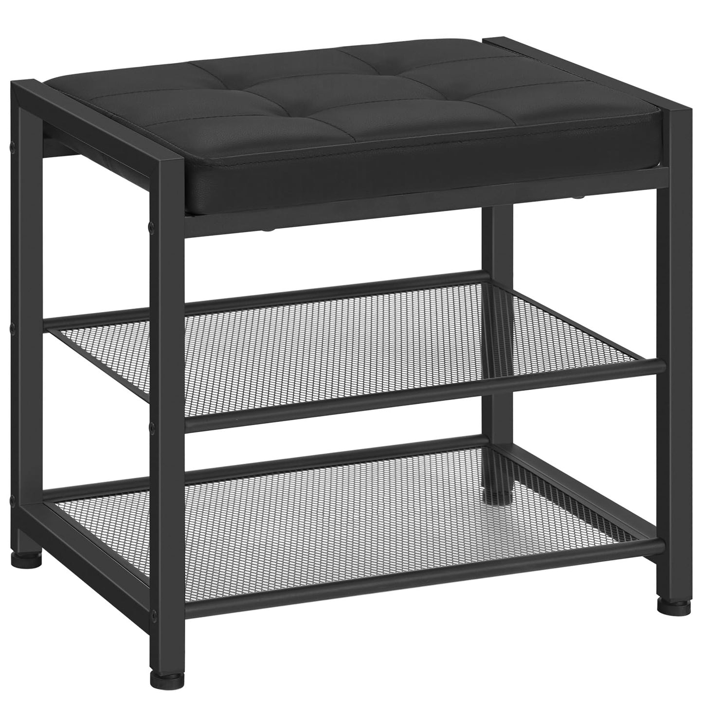HOOBRO Small Shoe Bench, 3-Tier Shoe Rack, Shoe Storage Bench with PU Seat Cushion, Entryway Shoe Rack Bench with Metal Mesh Shelves, Freestanding Shoe Organizer for Hallway, Black BB33HX01