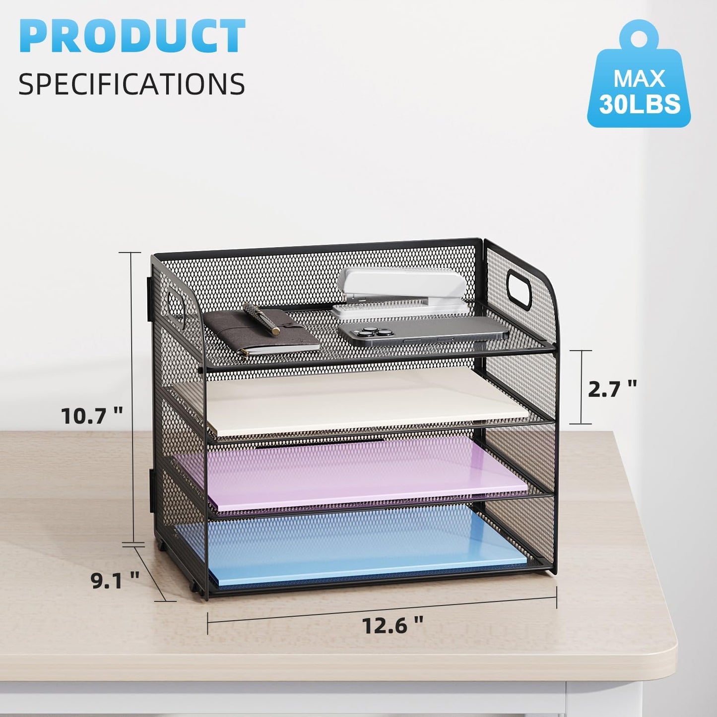 Marbrasse 2 Pack 4 Tier Paper Organizer Letter Tray - Mesh Desk File Organizer with Handle, Paper Sorter Organizer for Letter/A4 Office File Folder Holder (Black, 12.6" x 9.1" x 10.7")