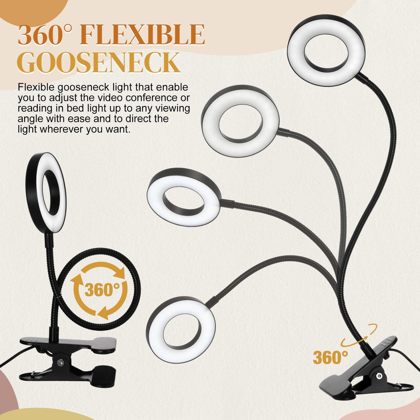 Glooglitter 4 Pcs Clip on Light 48 LEDs USB Ring Light with 3 Color Modes and 10 Brightness Dimmable, Eye Protection, 360 Flexible Neck for Desk, Headboard, Reading