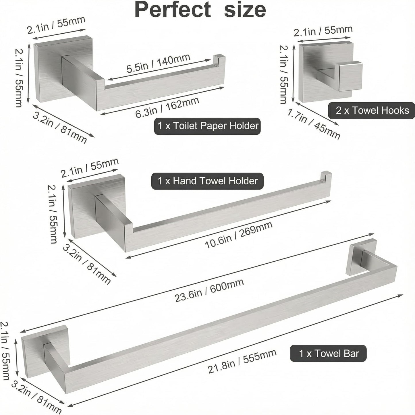5-Piece Brushed Nickel Bathroom Hardware Set, Wall Mounted Thickened 304 Stainless Steel Towel Holder Set, Featuring 23.6" Towel Bar, Hand Towel Rack, Toilet Paper Holder, and 2 Towel Hooks