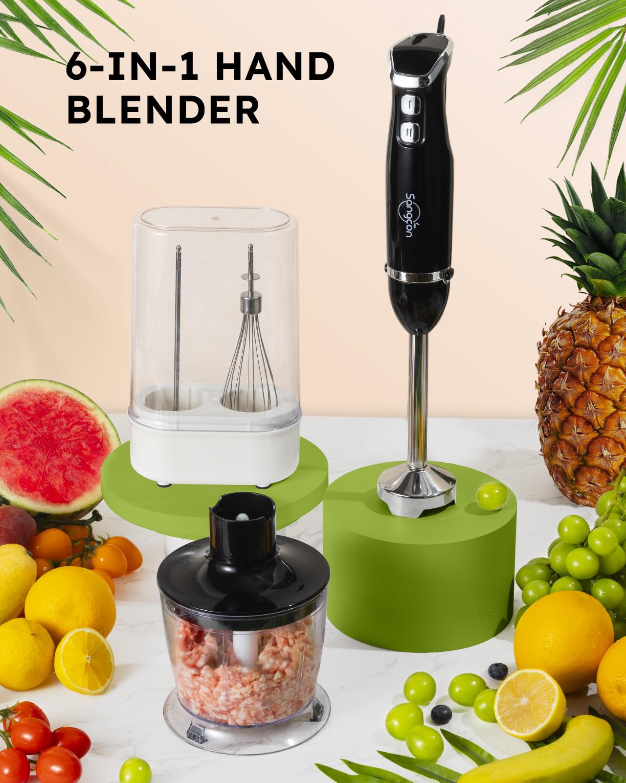 Sangcon 6-in-1 Immersion Blender Handheld, Hand Blender with Chopper & 34oz Blending Cup Storage Base, 2-Speed Adjustable Stick Blender,Stainless Steel Blades, Detachable Blender, Whisk, Milk Frother