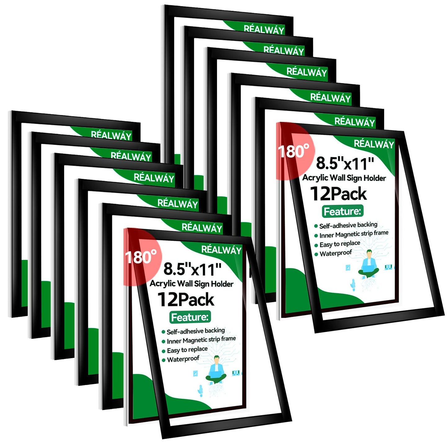 RÉΑLWÁY 8.5" x 11" Acrylic Sign Holder Wall Mount, Acrylic Wall Sign Holder With Tape,Clear Plexiglass Self-adhesive Plastic Display Frame, Door/Window Sign Holder 12 pack No Drilling