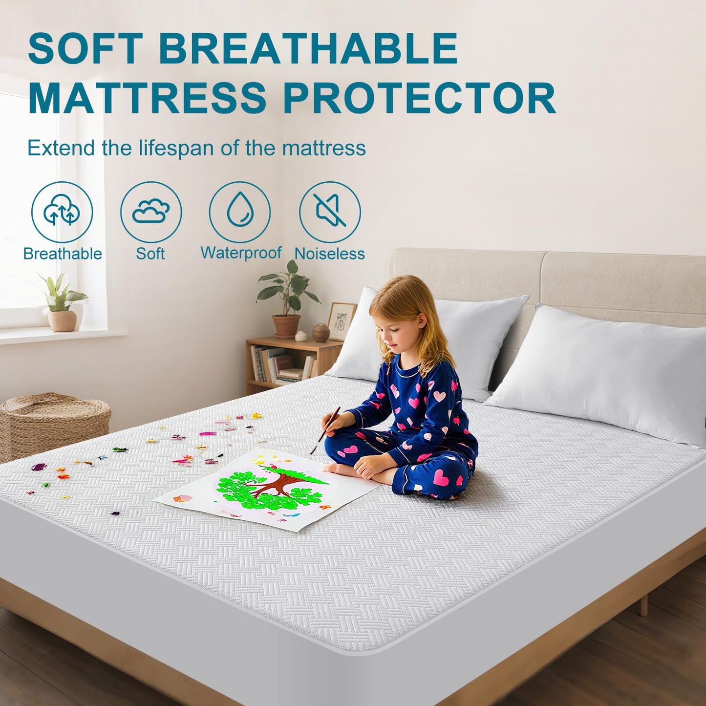 GOPOONY Waterproof Mattress Protector Queen Size - Breathable, Noiseless, Ultra-Soft Bed Cover, Mattress Pad Cover with Deep Stretchable Pockets 8"-21" (White)