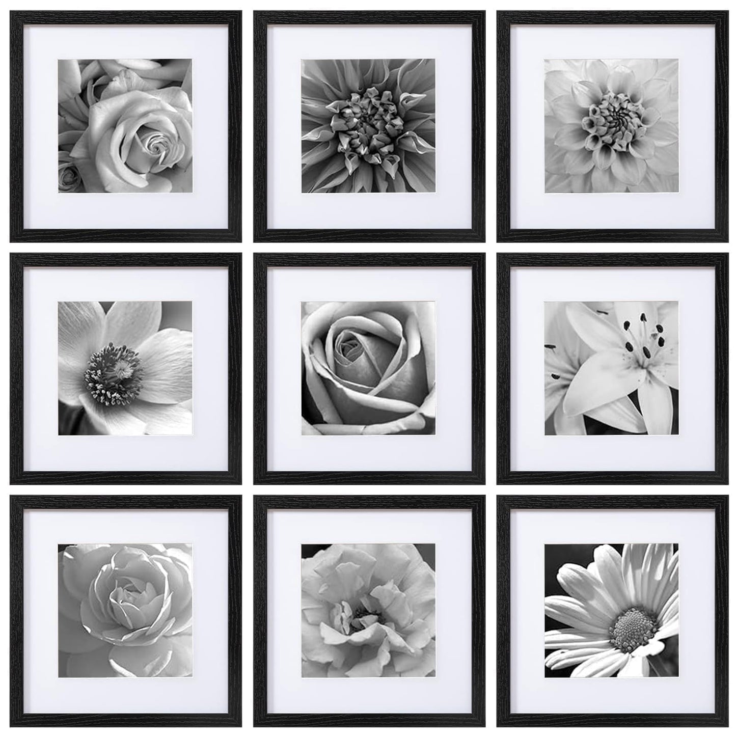 eletecpro 12x12 Picture Frames Set of 9 with Clear Acrylic Cover, Display 8x8 Photos with Mat or 12x12 Without, Classic and Sturdy Square Collage Gallery Wall Decor, Easy Wall Mount, Black