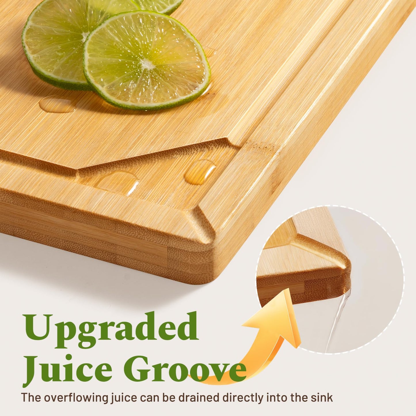 Kikcoin 3+1 Piece Self-Draining Bamboo Cutting Boards, Wooden Cutting Boards for Charcuterie, Vegetables, Cheese, Bread, Extra Large Chopping Boards with Deep Juice Groove and Handle, Natural