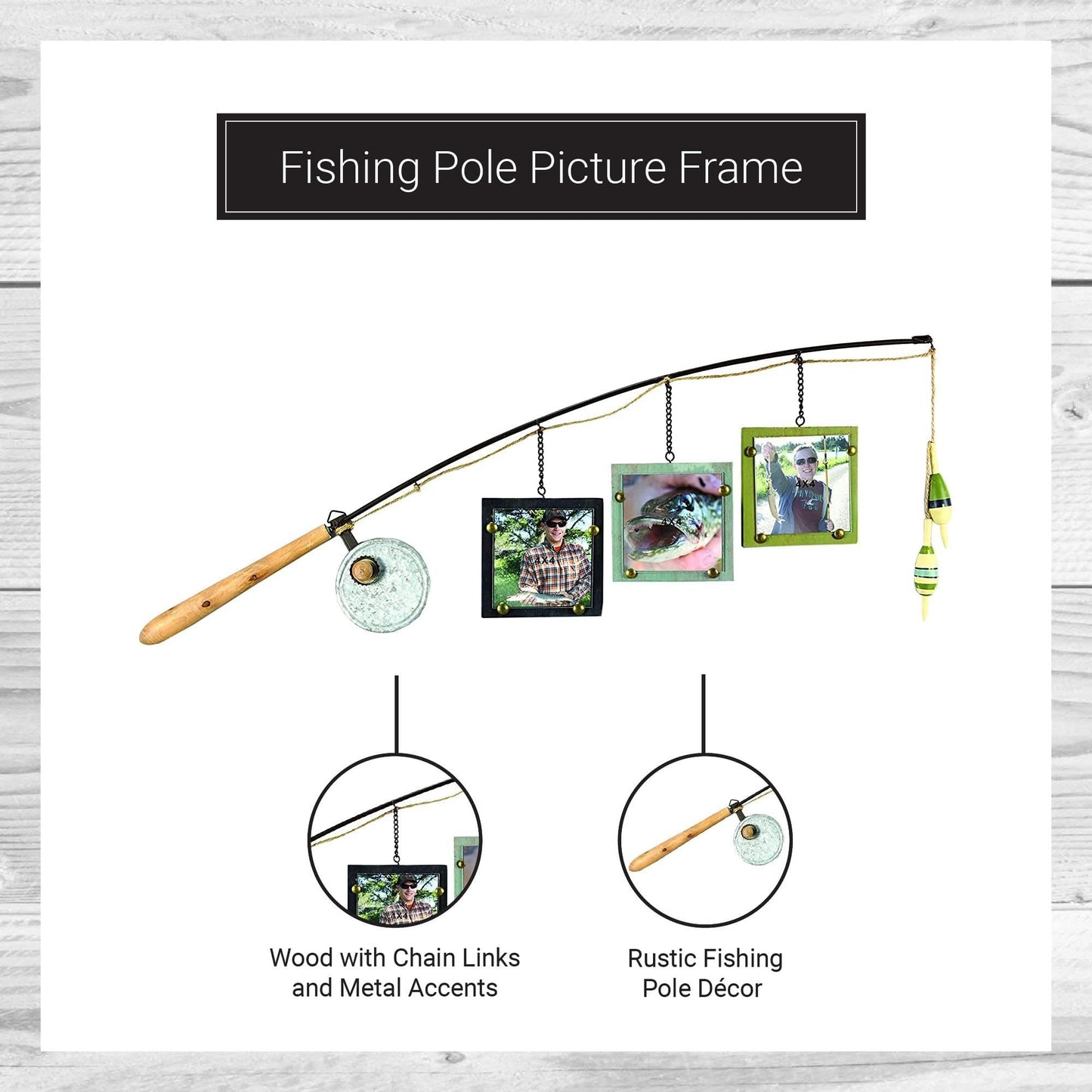 Young's Inc Wood Fishing Pole Triple Photo Frame – Rustic Lake House Wall Fish Decor with Hanging 4x4 Frames, Lodge & Woodland Cabin Accent for Fishermen, Outdoor Enthusiasts, and Family Memories