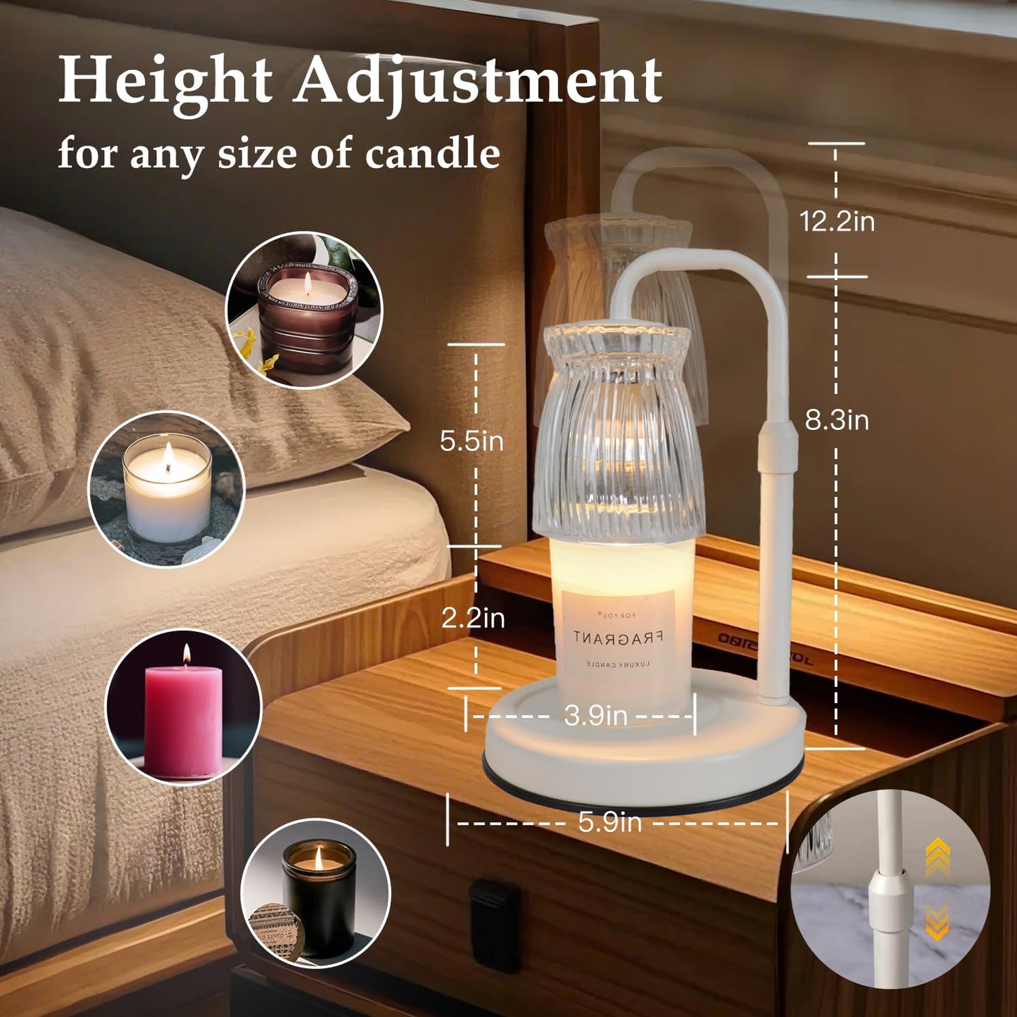Shering White Candle Warmer Lamp with Timer & Dimmable - Metal Base & Glass Shade, Adjustable Height Wax Melter for Jar Candles, Mother's Day for Women