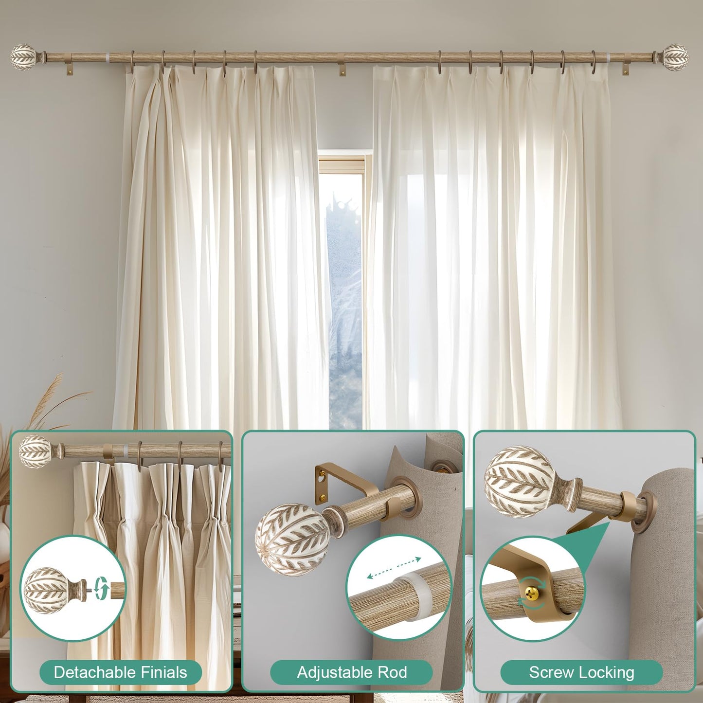 QDWIS 2 Pack Boho Wood Curtain Rods for Windows 28 to 48 inch,1" Adjustable Heavy Duty Window Curtain Rod with Imitation Wood Grain Finials,Rustic Decorative Drapery Rods Set 18-60'',Weathered Wood