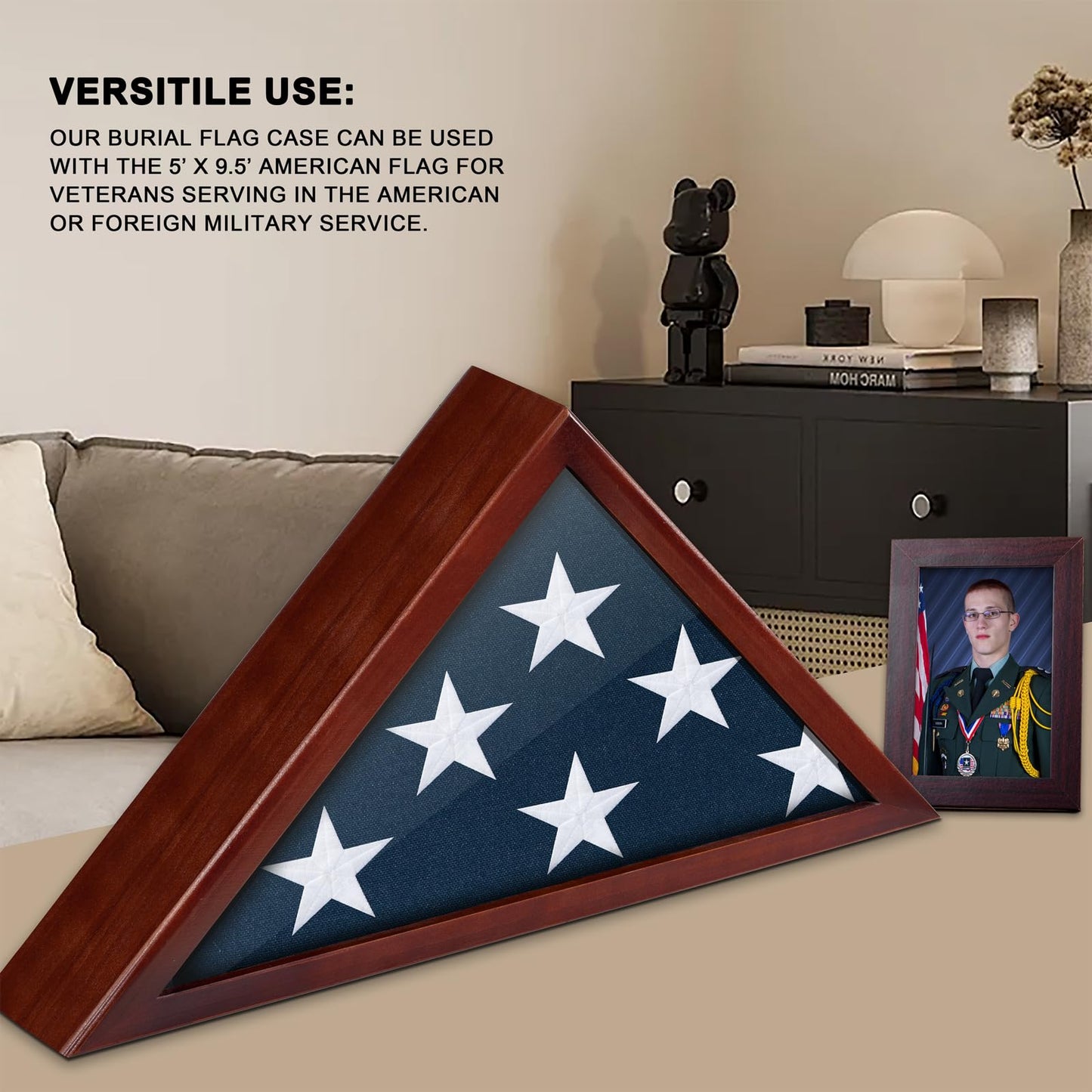 Flag Case for Burial Flag, 5' x 9.5' Funeral Flag Display Case Red Wood Memorial Flag Shadow Box for Military Veterans with Glass Covered and Wall Mounted