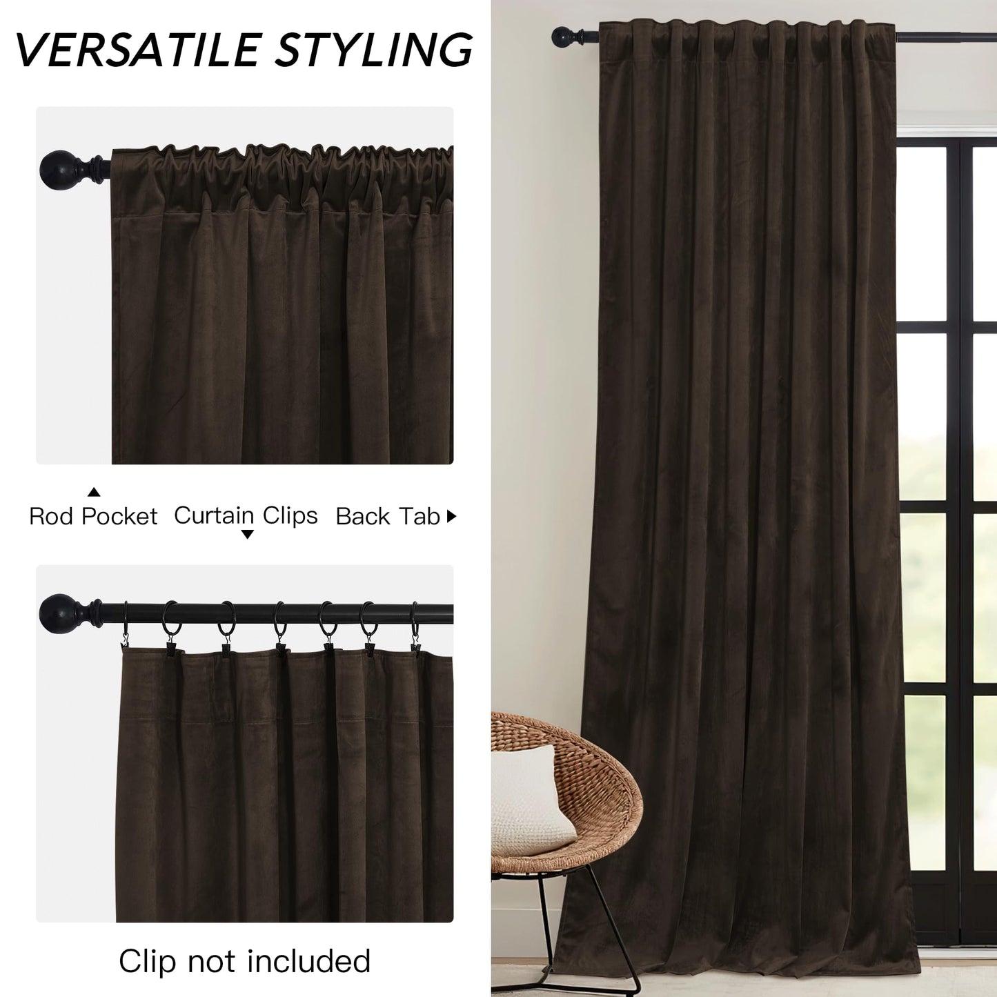 RYB HOME Brown Blackout Curtains 84 inches Long Velvet, Room Darkening Thermal Insulated Drapes with Hook Belt for Bedroom Home Theater, W 52 x L 84 inches, 2 Panels Set
