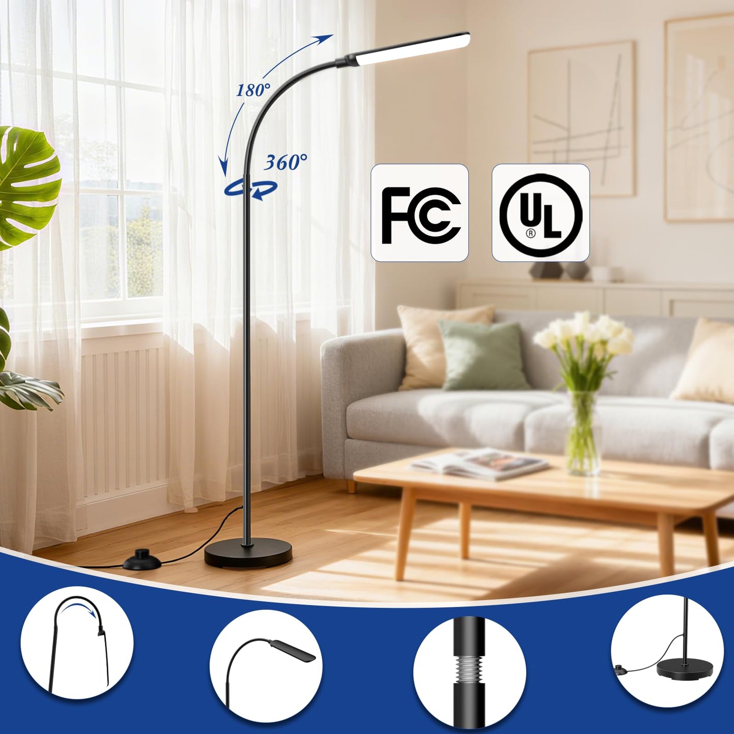 Floor Lamp, LED Floor Lamp with Remote Control Foot Switch for Living Room, Stepless Adjustable Colour Temperature Brightness Standing Lamp with Timer, Eye Caring Tall Lamp Reading for Bedroom,office