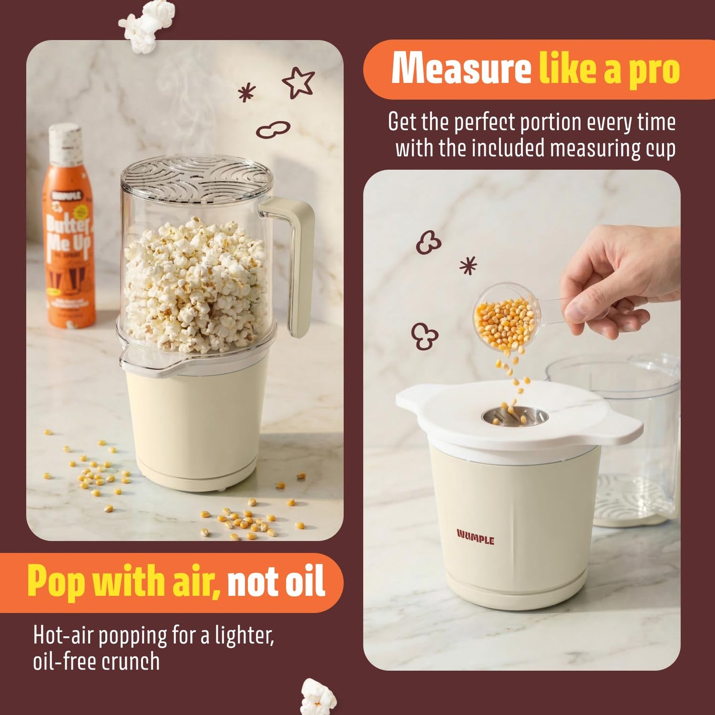 Wumple Air Popper Popcorn Machine - 10-Cup Air Pop Popcorn Maker with Measuring Cup - Hot Air Popped Oil-Free Compact Popcorn Popper - Movie Nights & Parties - Cream
