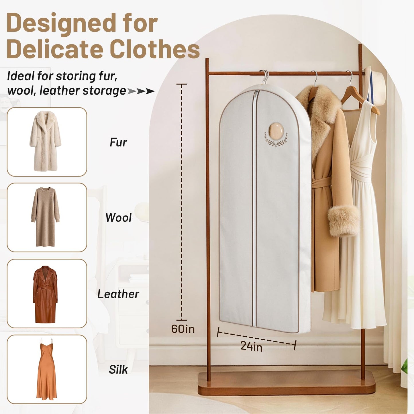 MISSLO 60" Cotton Garment Bag for Long Dress Breathable Garment Bags for Hanging Clothes Travel Women Dress Cover Luxury Hanging Clothes Storage for Fur Coat, Jacket, Gown, Suit
