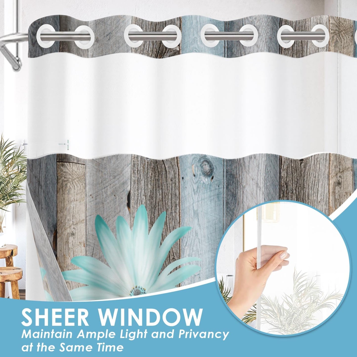 Nesphy No Hook Rustic Farmhouse Shower Curtain with Snap in Fabric Liner Set, Teal Daisy Flowers and Butterfly on Wooden Double Layers Waterproof with See Through Top Bath Curtain 71x74 Inch