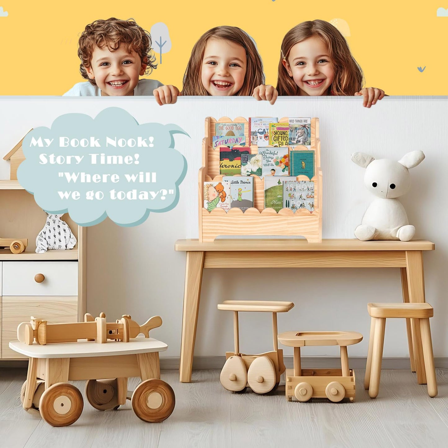 Kids Bookshelf Storage 3-Tier, Book Case for Kids Rooms, Scalloped Wooden Montessori Bookcase for Toddlers & Baby, Small Nursery & Classroom Book Shelves, Solid Wood Organizer