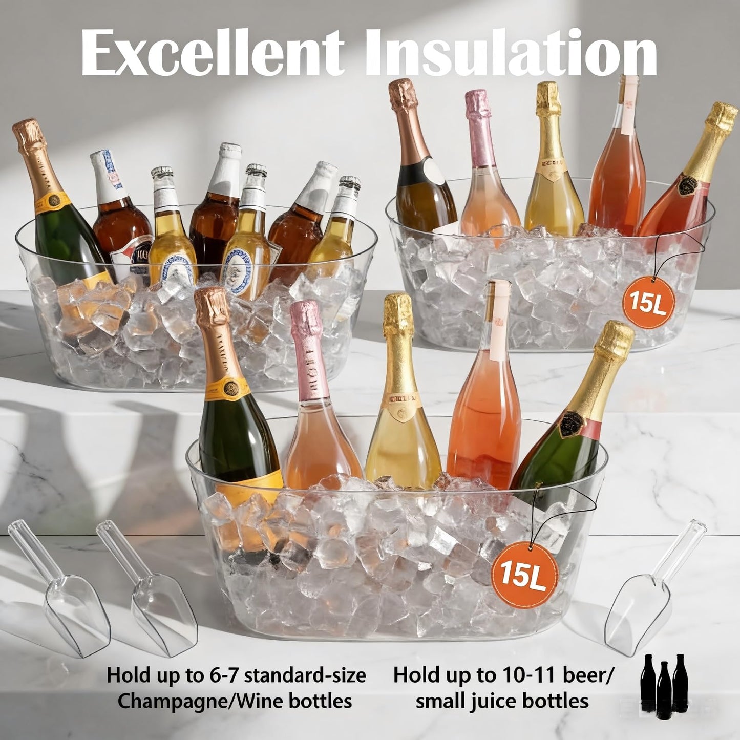 2 PCS Ice Buckets for Parties, 15L Large Ice Bucket, 4 Gallon Champagne Bucket with Scoops, Beverage Tub Mimosa Bar Supplies for Champagne, Beer, Cocktail