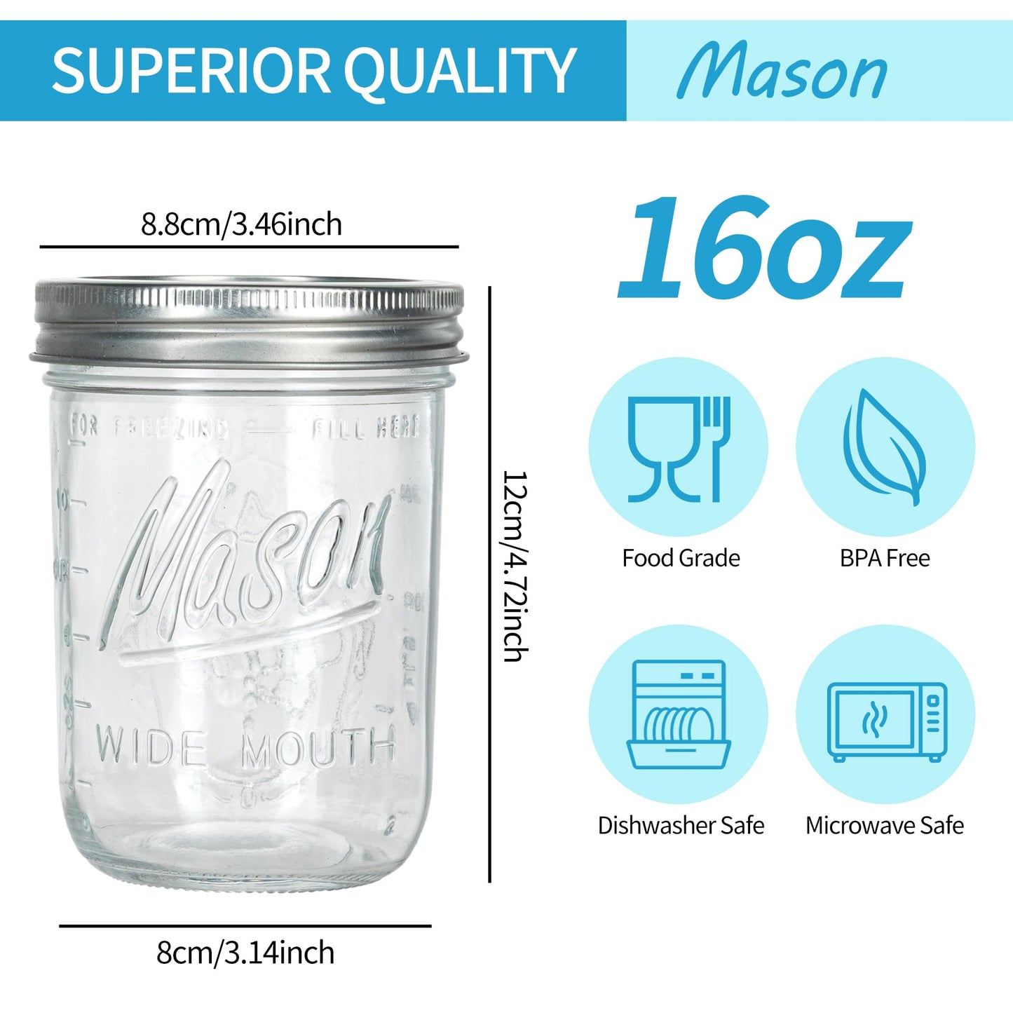 Wide Mouth Mason Jars 16 oz with Lids 8 Pack, Canning Jars with Metal Airtight Lids and Bands, 16 oz Glass Jars for Fermenting, Meal Prep, Freezing