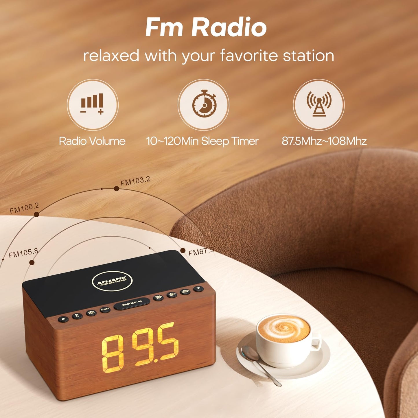 ANJANK Wooden Bluetooth Speaker, Alarm Clock with FM Radio, Qi Certified Fast Wireless Charging Station for iPhone/Samsung, USB Charger Port, Dimmable Display, Digital Wood Clock for Bedroom, Bedside