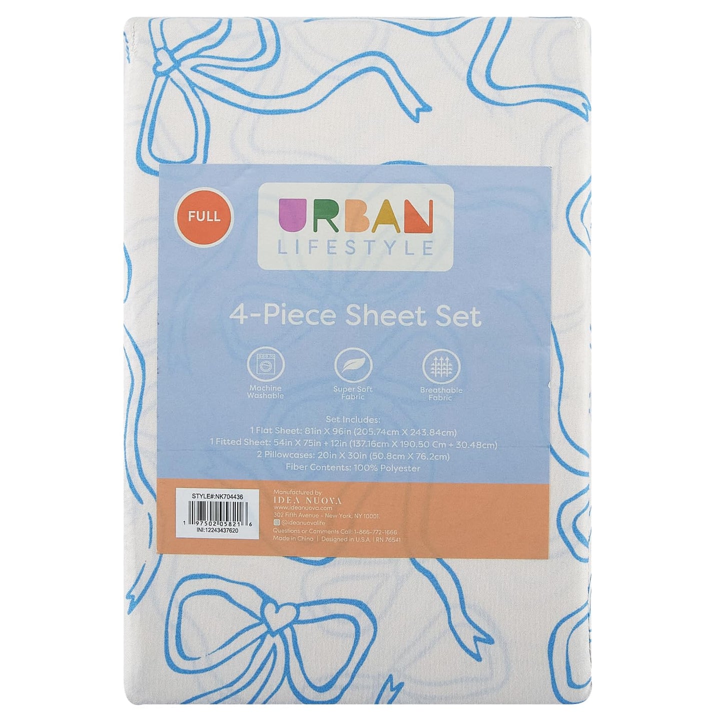 Urban Lifestyle 4-Piece Full Sheet Set,Coquette Bow Design in Baby Blue, Includes Fitted Sheet, Flat Sheet & 2 Pillowcases,Soft & Stylish Bedding for Girls and Teens