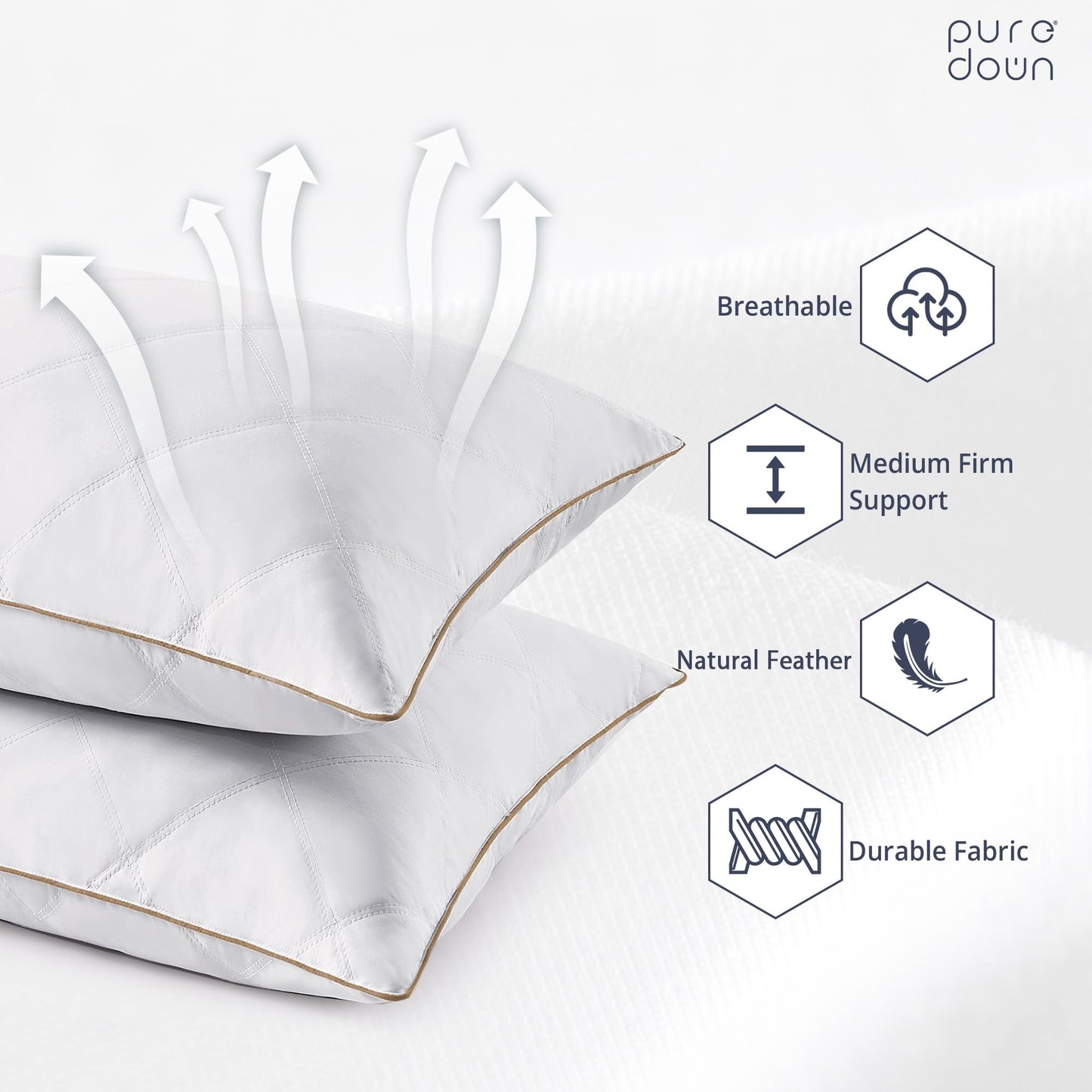 puredown® Goose Feathers and Down Pillow with Diamond Quilting with 100% Cotton Cover, Pack of 2, Standard Size