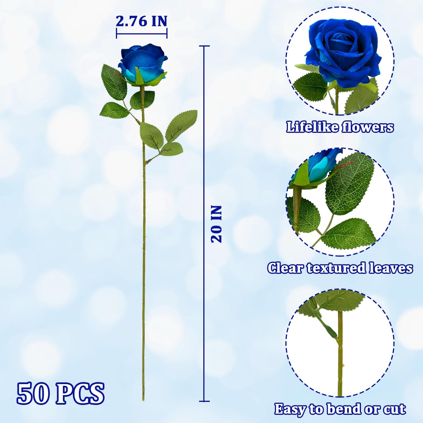 Wondrus Bulk Artificial Flowers 50 PCS, Fake Velvet Silk Blue Roses with Long Stems Realistic Bouquet for Wedding Centerpieces, Faux Arrangement for Home Table Decor