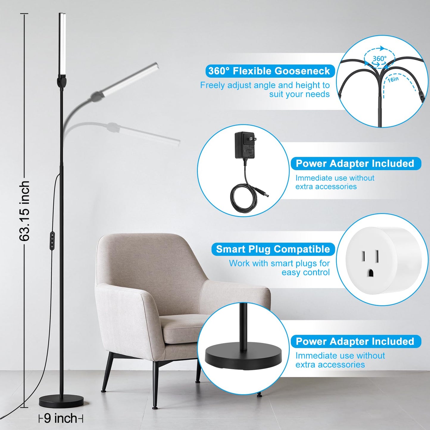 24W/2600LM LED Floor Lamp, Bright Reading Floor Lamps with Dual Head Adjustable Gooseneck, Dimmable Standing Task Lamp for Office Living Room Bedroom, Modern Eye Caring Light for Puzzle Craft Sewing