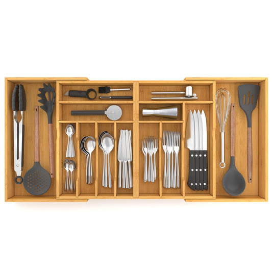 Suli Large Silverware Drawer Organizer, Adjustable Kitchen Flatware for Forks Knives and Spoons, Bamboo Cutlery Utensil Holder, Expandable from 22in-37in, Natural Bamboo