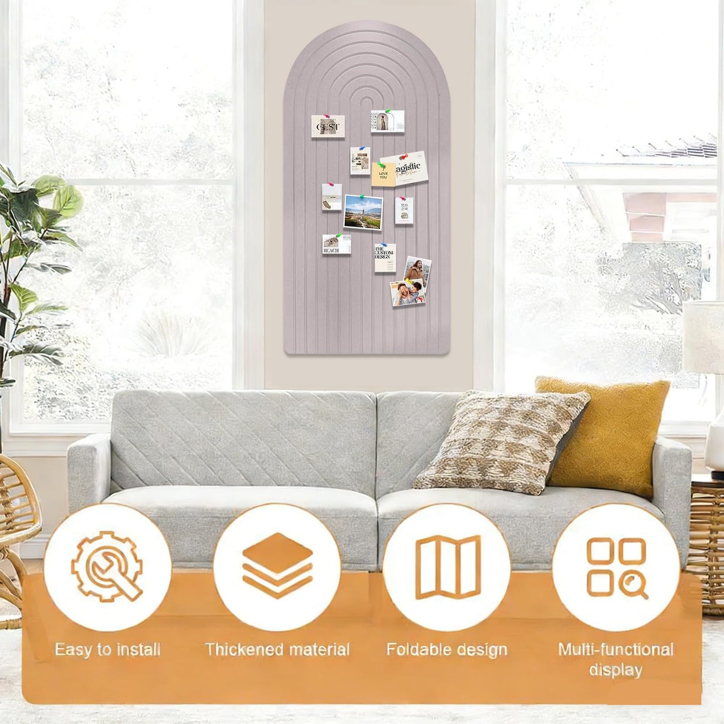 Large Felt Notice Board 47"x24" Arch-Shaped Push Pin Board with 35 Pushpins Cork Board Alternative Self-Adhesive Photo Panels for Office, Bedroom, Living Room, Photo Decorative Board