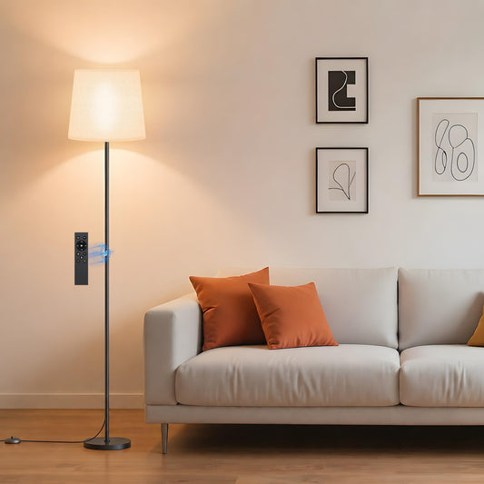 SIBRILLE Floor Lamp with White Shade, 62" Dimmable LED Standing Lamp with Remote, 9W E26 Bulb Included, 3000-6000K, Modern Floor Reading Light for Bedroom Living Room Office Corner, Black Pole