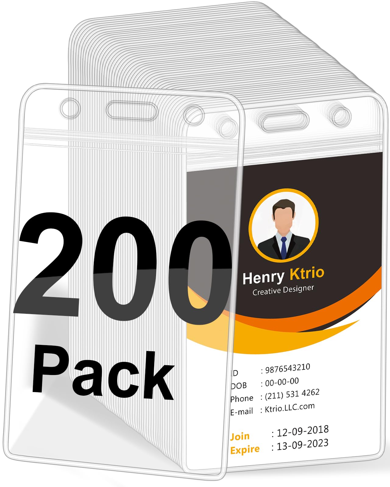 KTRIO 200 Pack Clear Vertical ID Badge Holder with Resealable Zip, Waterproof Card Holder for ID Cards, RFID Cards, Proximity Cards and Credit Cards