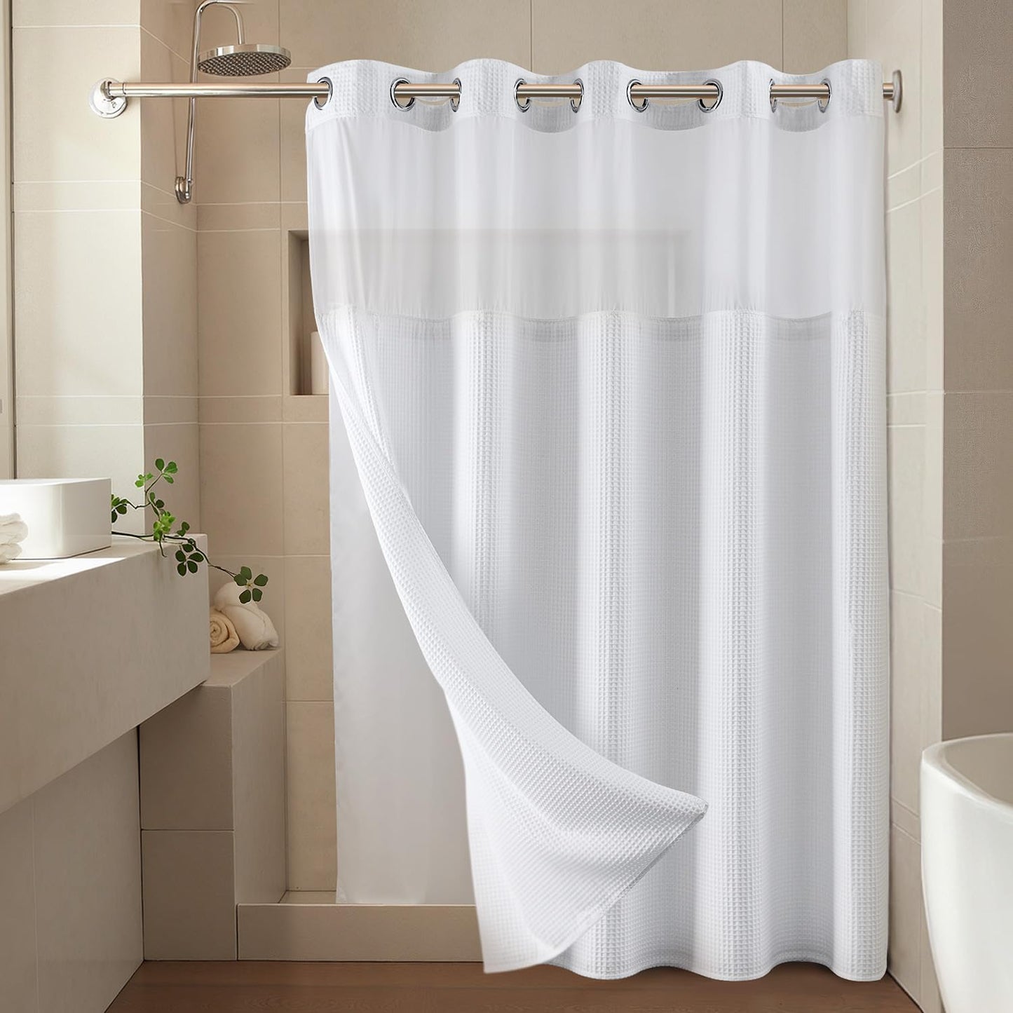 River Dream White Fabric Shower Curtain Set, Cotton Blend, Waffle Weave, with Snap in Replacement Liner，71 x 74 inches