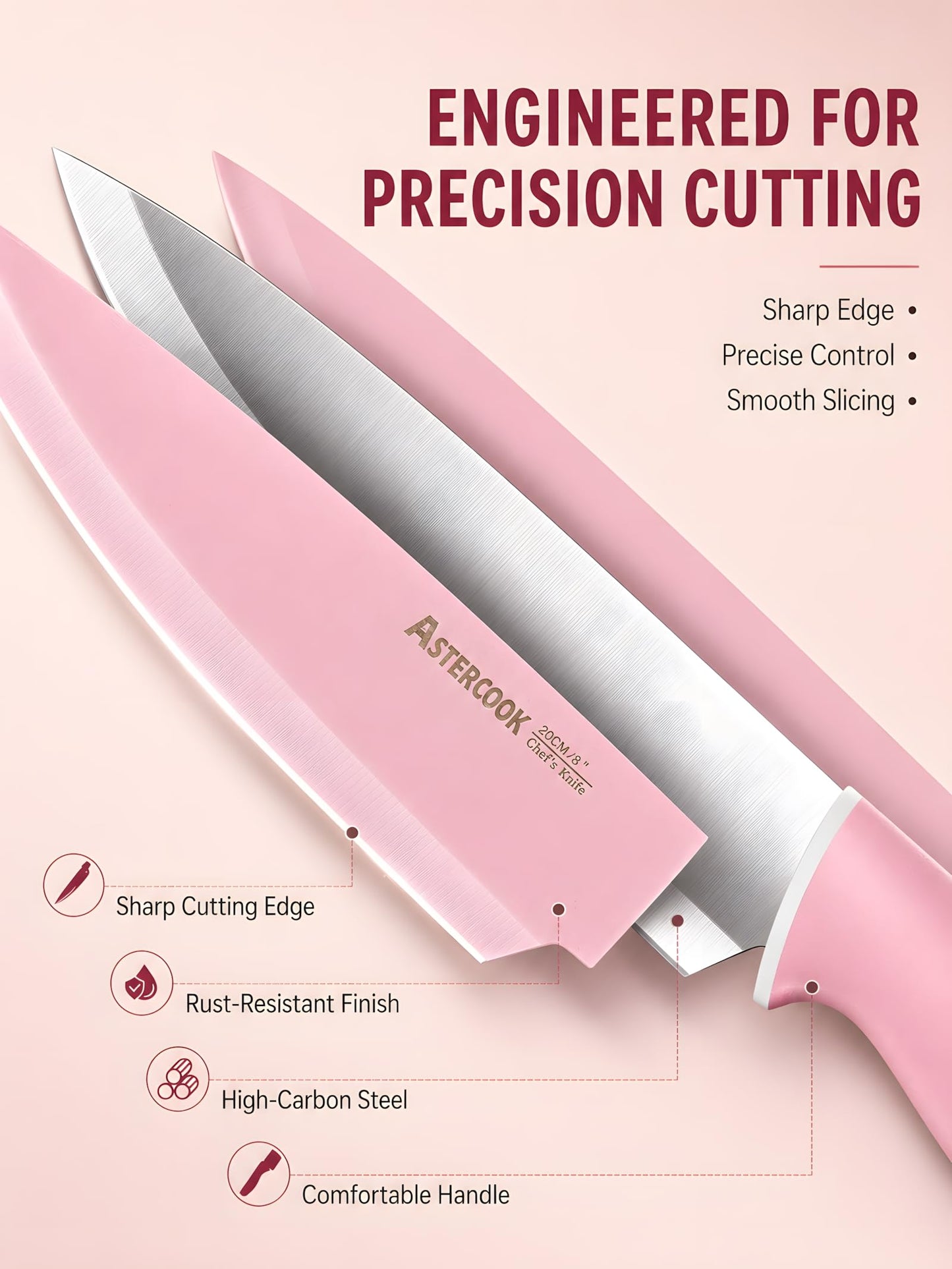 Astercook Knife Set with Block and Sharpener, 22 Piece Kitchen Knife Set Dishwasher Safe, Space-Saving Clear Knife Block with Knives for Everyday Home Cooking Pink
