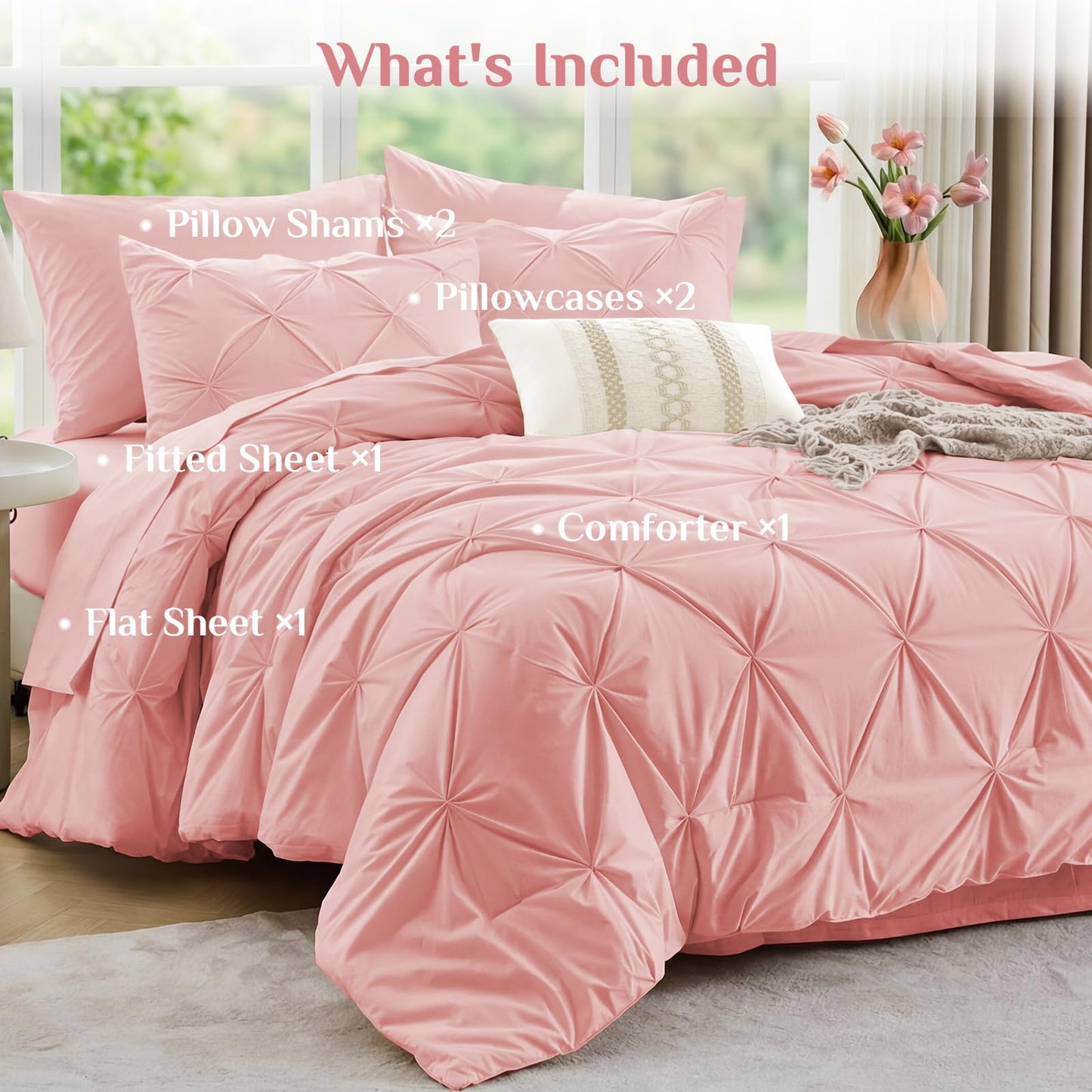 JOLLYVOGUE King Size Comforter Set 7 Pieces - Bed in a Bag King for All Season, Pintuck Bedding Comforter Sets with Comforter, Flat Sheet, Fitted Sheet and Pillowcases & Shams, Pink