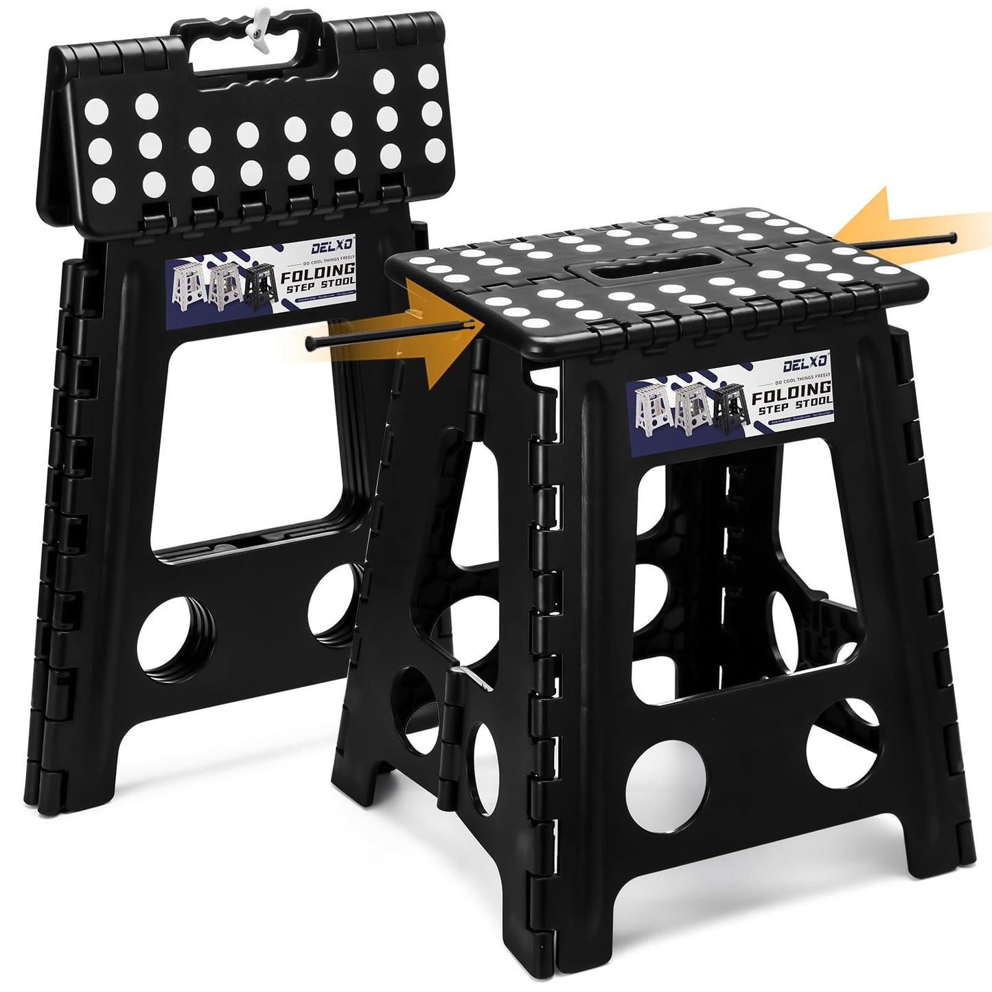 Delxo 16 Inch Folding Step Stool,Foldable Stool for Adults with Safety Lock,Portable Collapsible Plastic Stepstool,Non Slip Folding Stools for Kitchen Bathroom Bedroom Up to 400LBS,(Black 1PC)