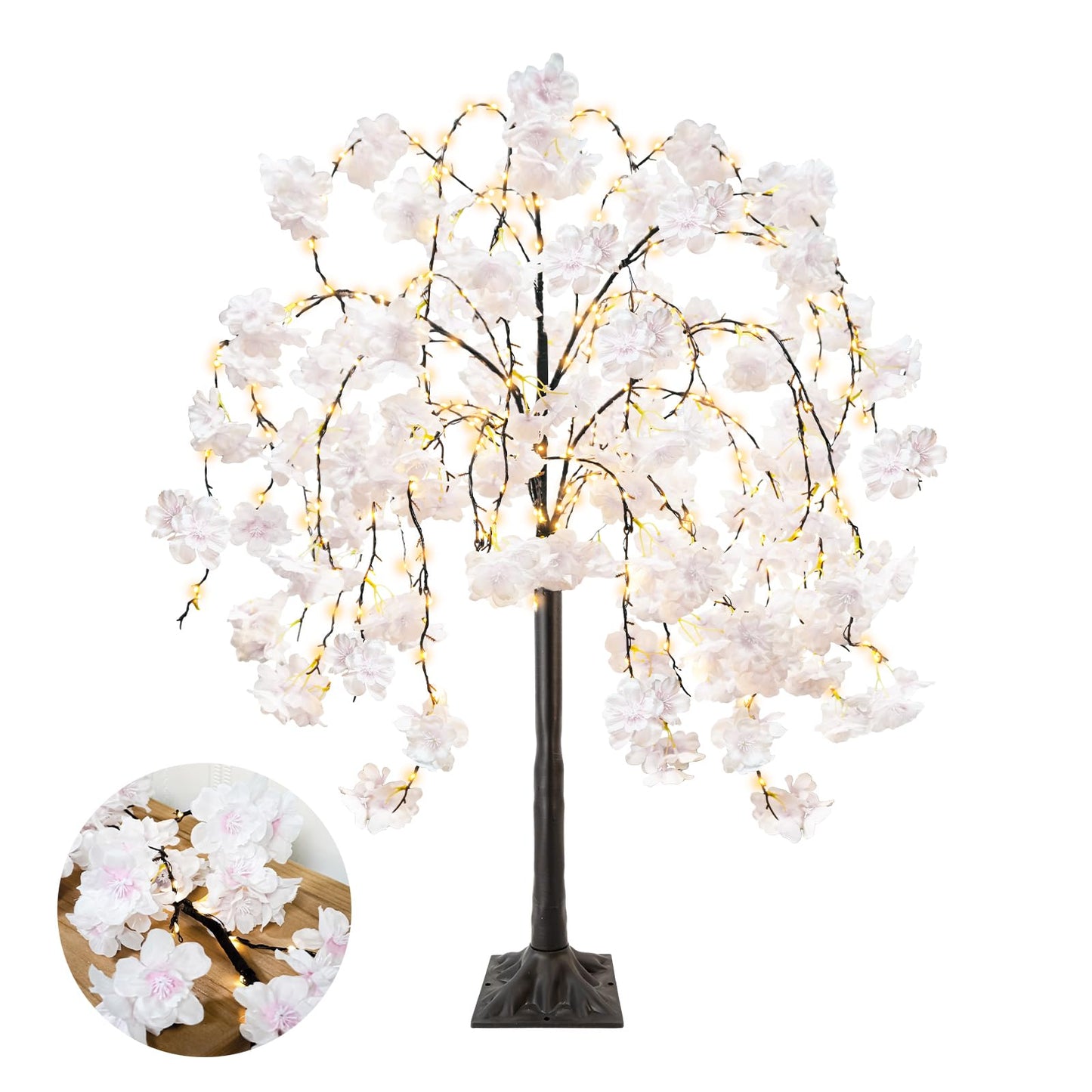 obbsie 4FT Cherry Blossom Tree with 360 LED Fairy Lights Artificial Lighted Tree with 8 Lighting Modes Light Up Pink Tree with Faux Flowers for Spring Wedding Party Indoor Outdoor Decor