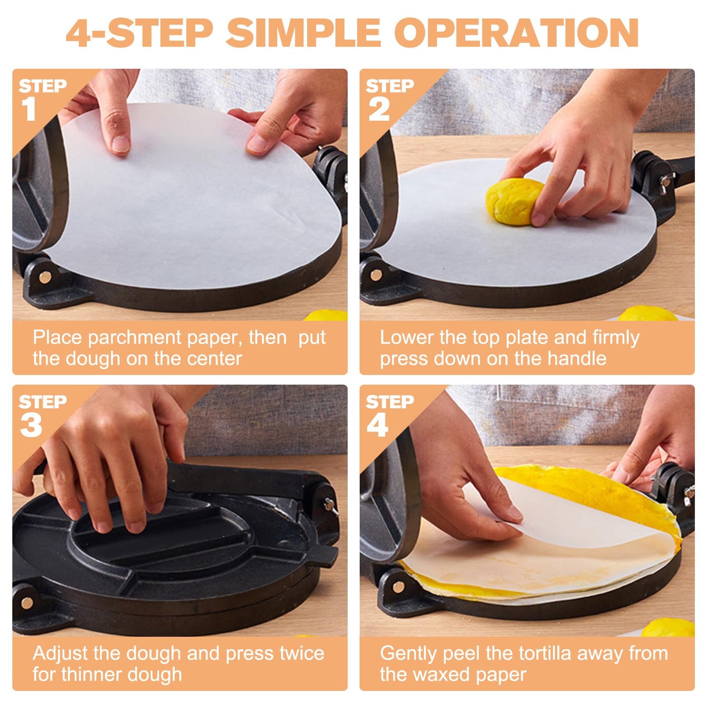 Cast Iron Tortilla Press 10 inch, Heavy Duty Tortilla Pataconera, Flour Tortilla Press with Foldable Handle, Taco press with Some Parchment Paper, Roti Maker, Black