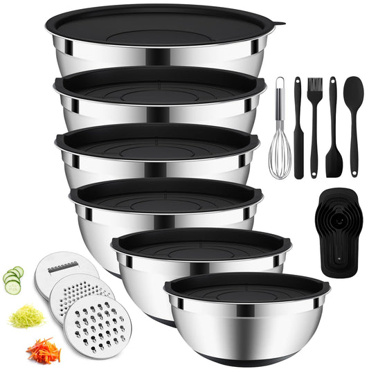 20-Piece Mixing Bowls Set with Airtight Lids – 6 Stainless Steel Kitchen Bowls (4.5QT, 4QT, 3.5QT, 2.1QT, 1.5QT, 1.1QT), 3 Grater Attachments, Non-Slip Silicone Bottoms, Perfect for Baking & Serving