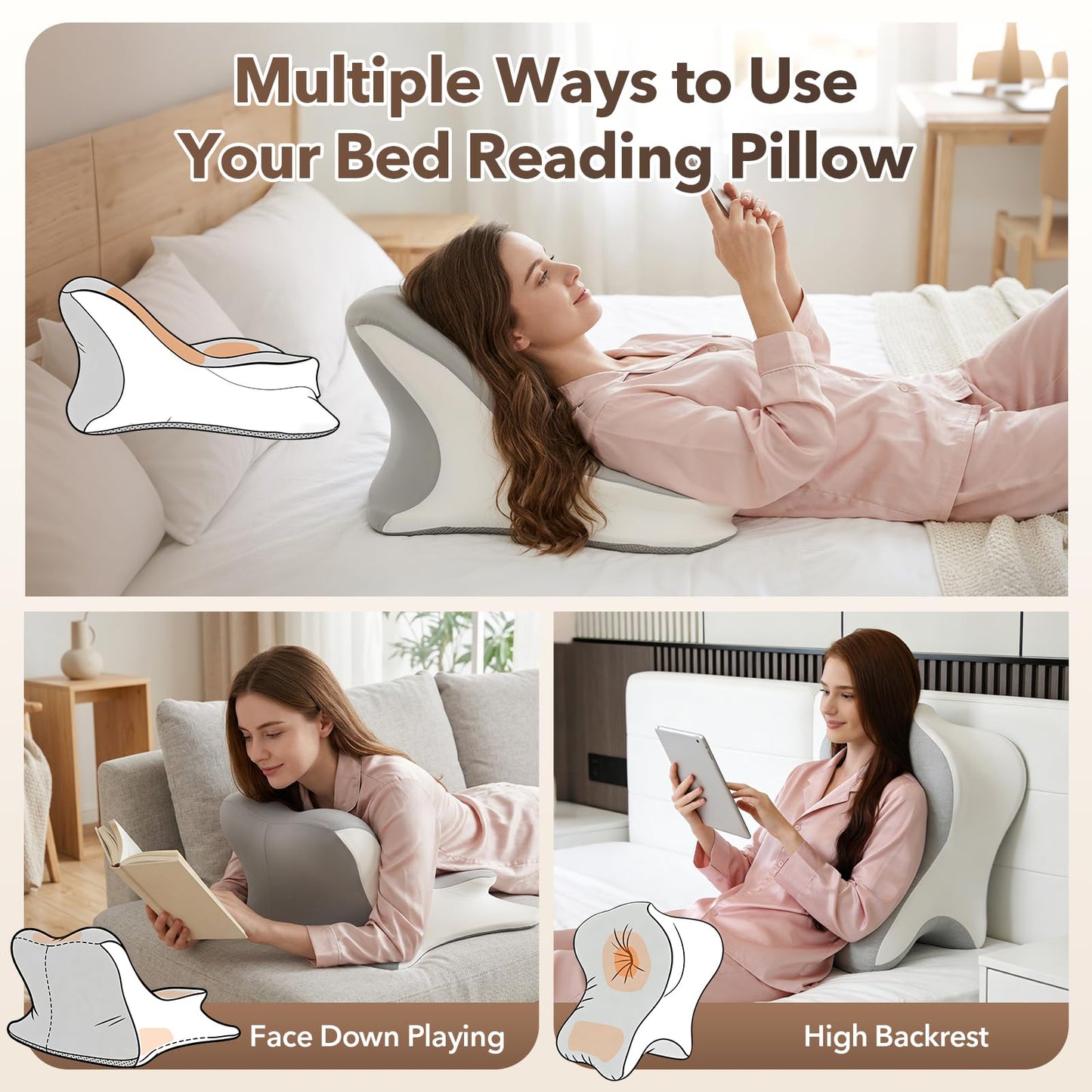 Royal Choice Reading Pillow for Bed, Ergonomic Memory Foam Prone & Reclined Support Pillow for Stomach Laying, Reading, Scrolling & Lounging, Multi-Position Bed Rest Pillow with Washable Cover