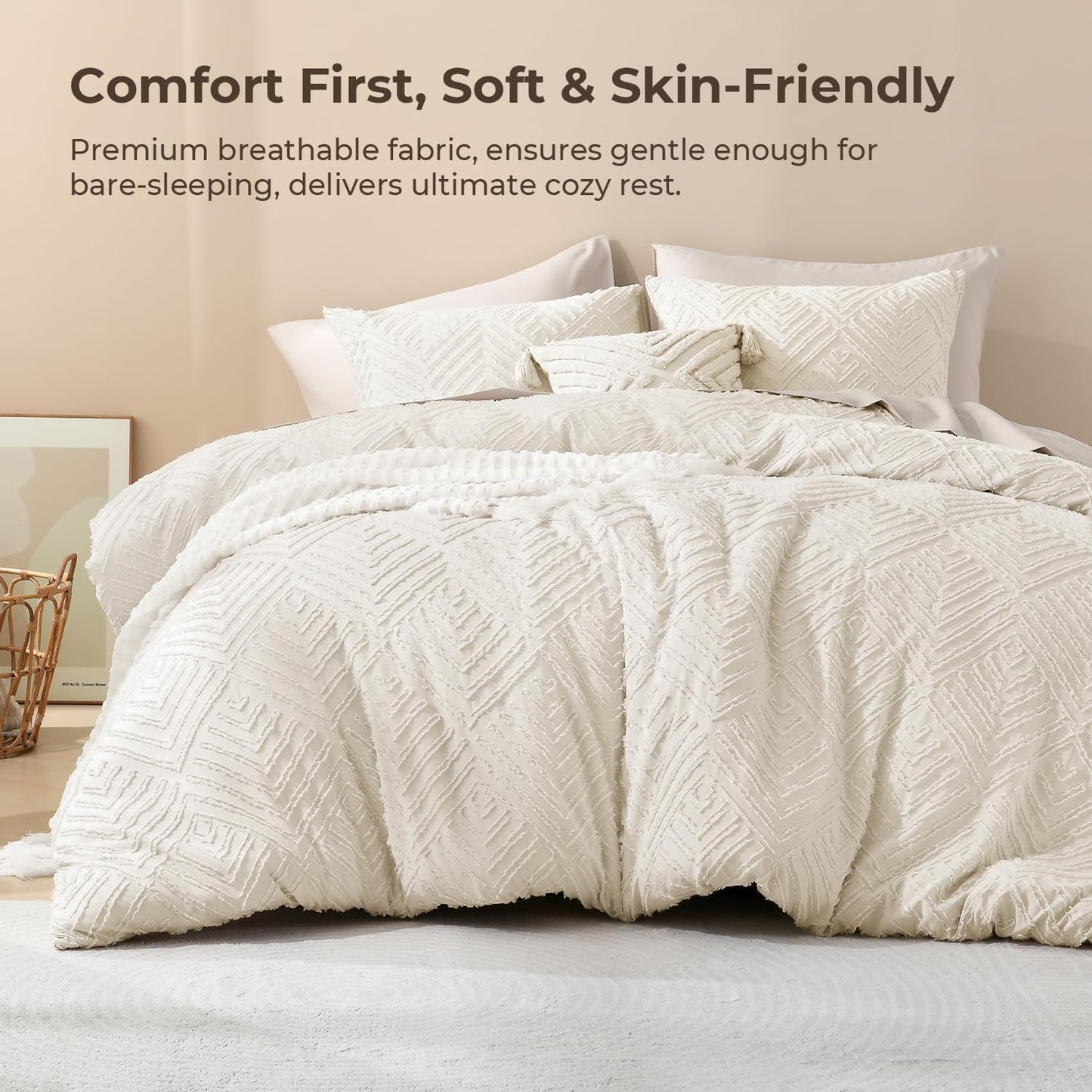 Litanika King Size Comforter Set Beige, 3 Pieces Cream Tufted Boho Farmhouse Bedding Comforter Sets, Lightweight Fluffy Comforter Bed Set for All Season (104x90In Comforter and 2 Pillowcases)