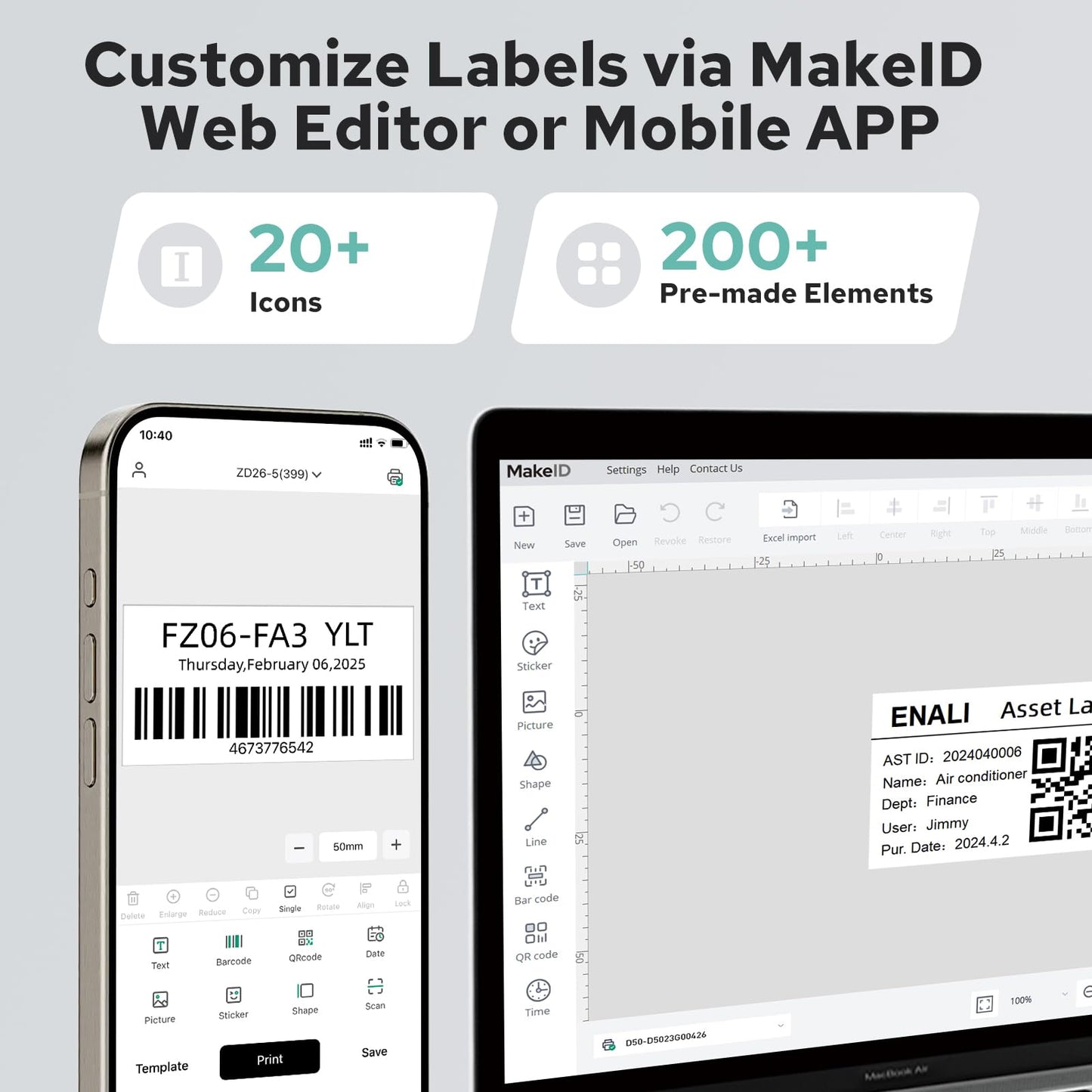 Makeid D50 Industrial Label Printer, Desktop Label Maker 2" Print Head, Mobile APP & PC Editor Compatible, 2600mAh Li-ion Battery, Come with 1.97" W x 26.24ft L Label Heavy-Duty Labeler for Job Sites
