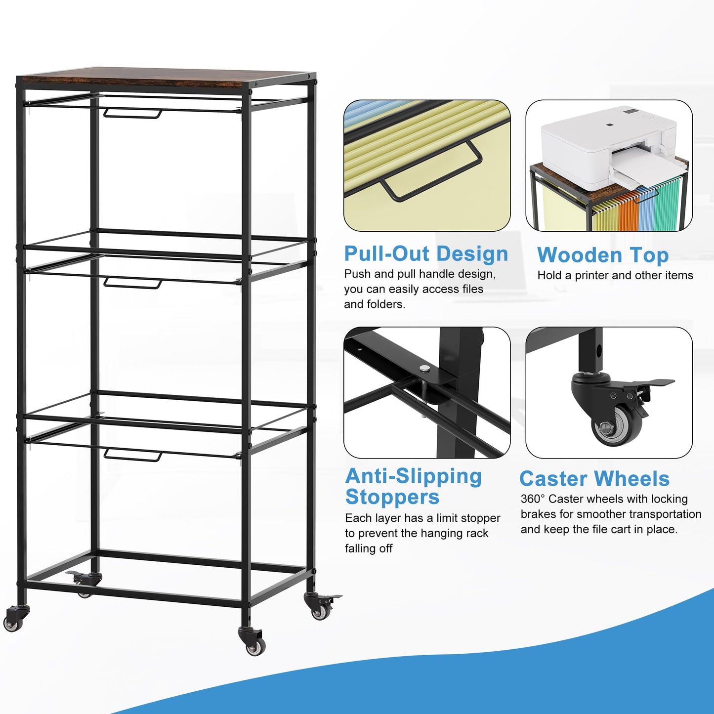 EasyPAG Rolling Hanging File Folder Cart, 3 Tier Metal Pull-Out File Rack for Letter and Legal Size Folders, Portable Filing Cart for Office Home, Black