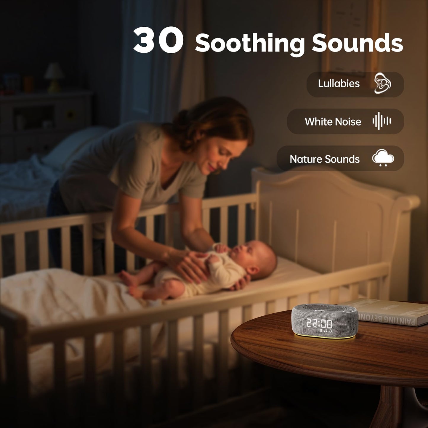 1Mii White Noise Machine with Alarm Clock, Sound Machine for Sleep for Adult Baby, Smart App Controlled，30 Soothing Sounds, Sleeping Timer, Dimmable 7-Color Night Light, 30 Volume Levels - Grey