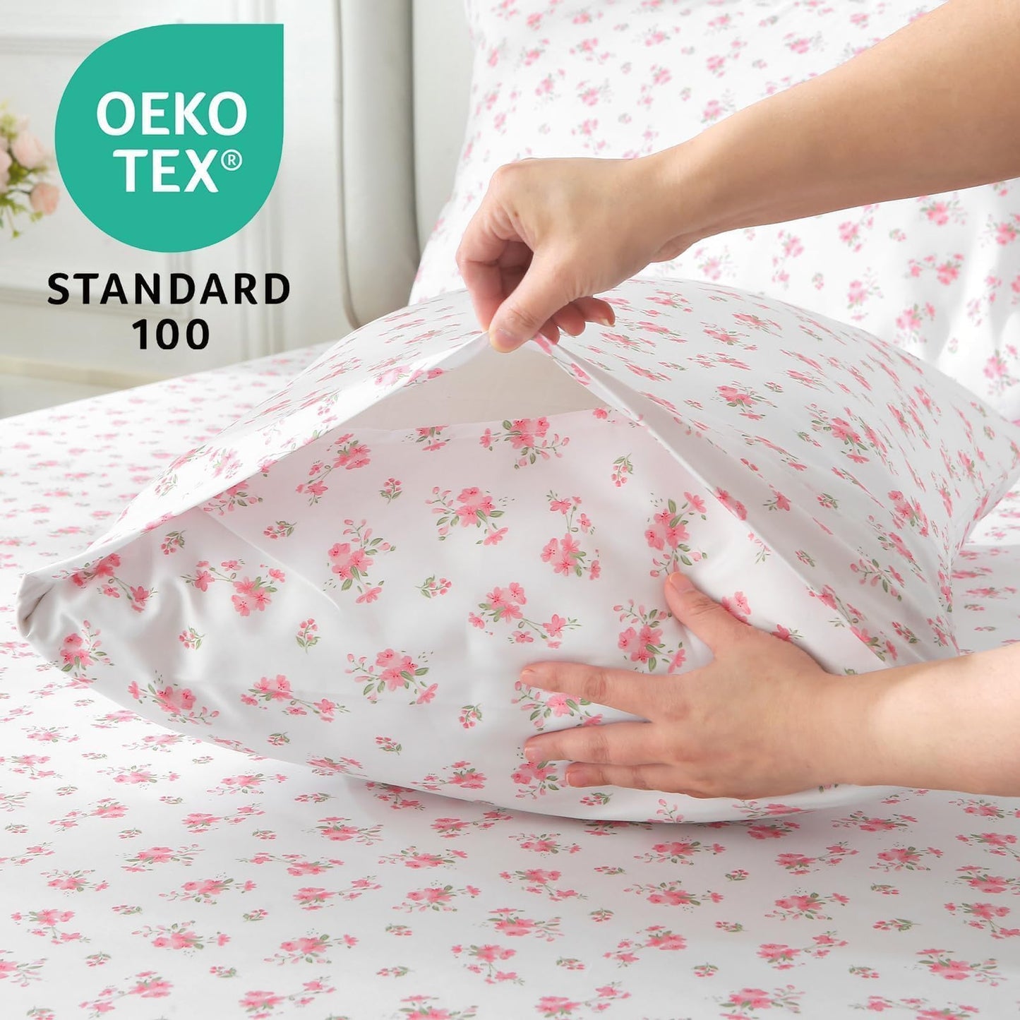 MUXHOMO Queen Size 4 Piece Sheet Set, Soft Breathable Bed Sheet Set for Bedroom with Deep Pocket Up to 16", Wrinkle-Free & Cooling Bedding for Oeko-TEX Certified - Blossoms Pink