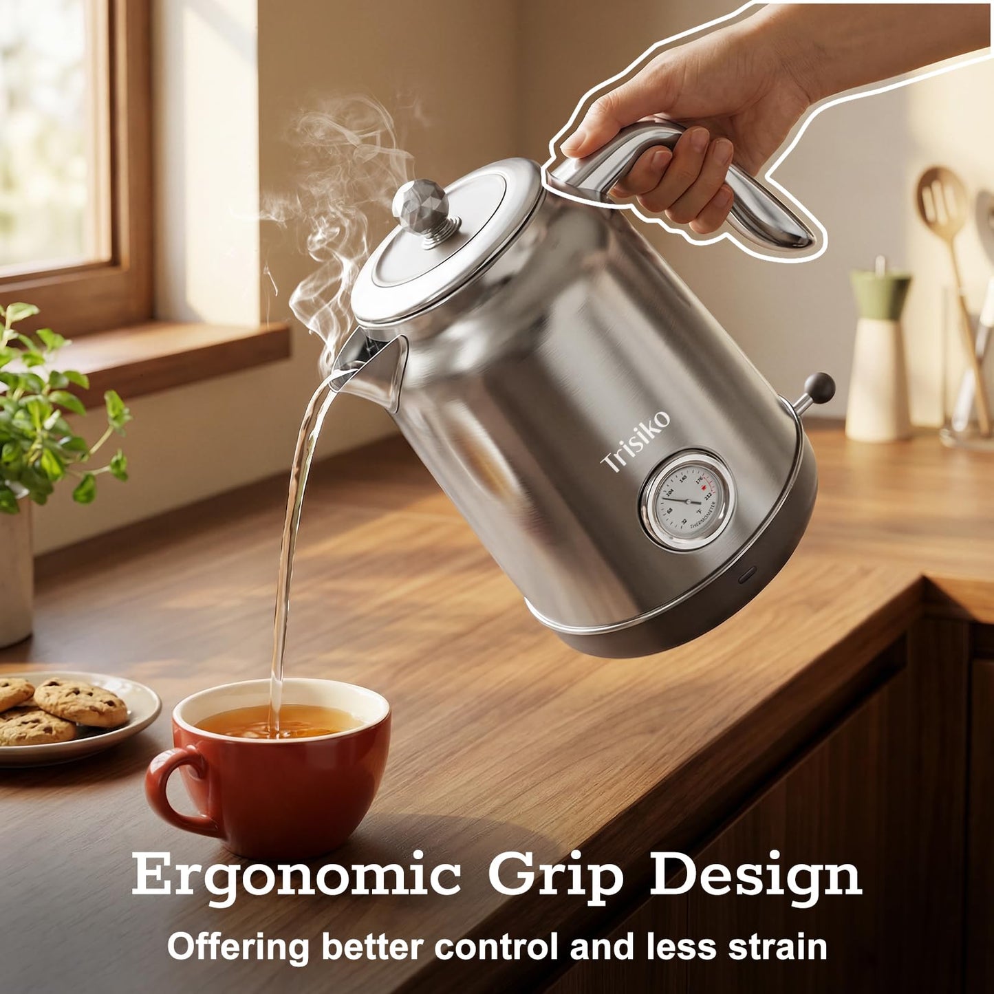 Trisiko 1.7L Large Electric Kettle with Thermometer,57.oz Electric Tea kettle with Automatically Shut Off,304 Stainless Steel,1200W Hot Water Kettle Electric for Coffee&Tea (Chrome)