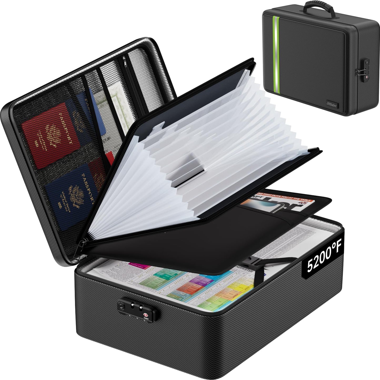 Fireproof Document Bag, Insulated Large Document Box with Lock, Important Document Organizer with Waterproof Zipper, Portable Soft Home Travel Office Safe Storage for Legal/Letter/A4 Files,Black