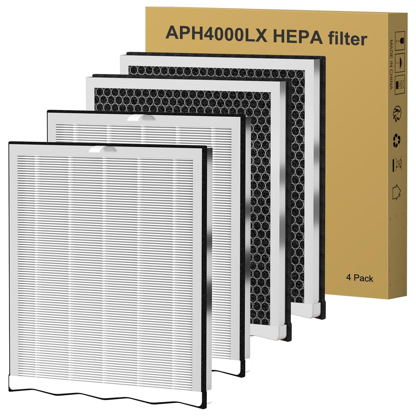 4 Pack APH4000 Replacement Filter Compatible with KNKA APH4000 Air Purifi-er, H13 True HEPA & Activated Carbon High-Efficiency Filter, Part No. APH4000LX