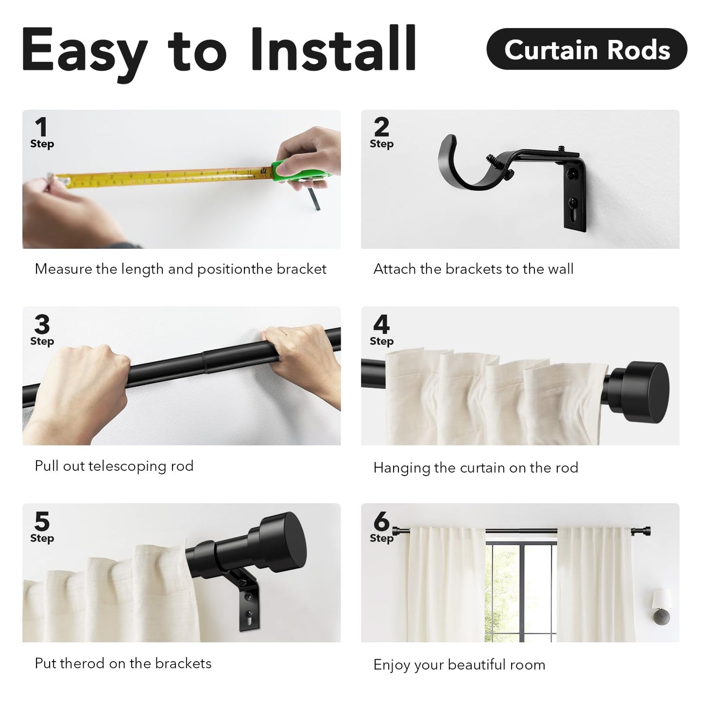 IFELS 2 Pack Heavy Duty Curtain Rods for Windows 28 to 48 Inch, 1 Inch Black Adjustable Curtain Rod Set with Easy Installation and Modern Design (A1,Black,30-60",2Pack)