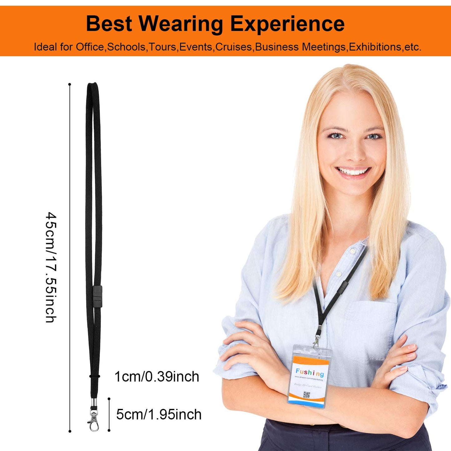 Fushing Breakaway Neck Lanyards Key Chain - Black Badge Lanyards for ID Badge Holders, Comfortable Neck Straps (100)