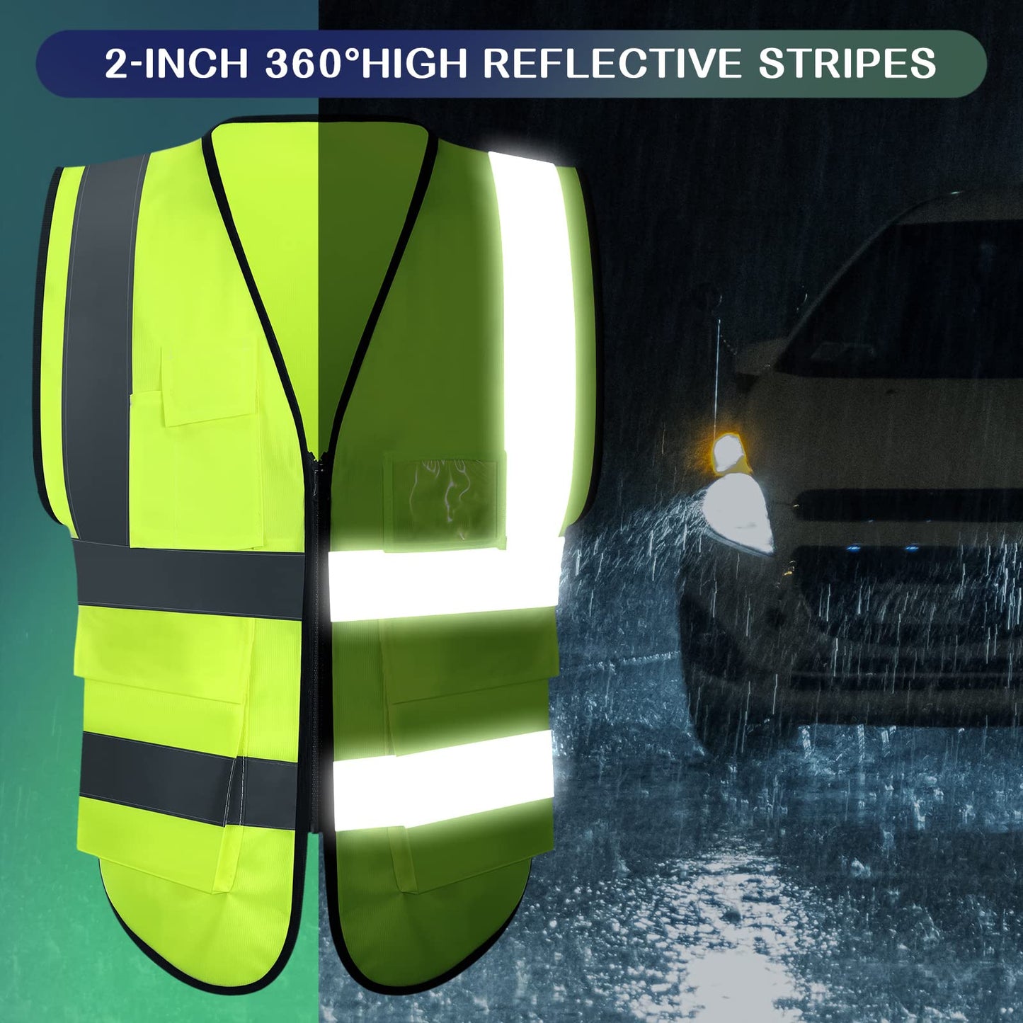 15 Pack Reflective Safety Vests with Pockets and Zipper Construction Work High Visibility Vest for Men Women(X-Large,Fluorescent Green)