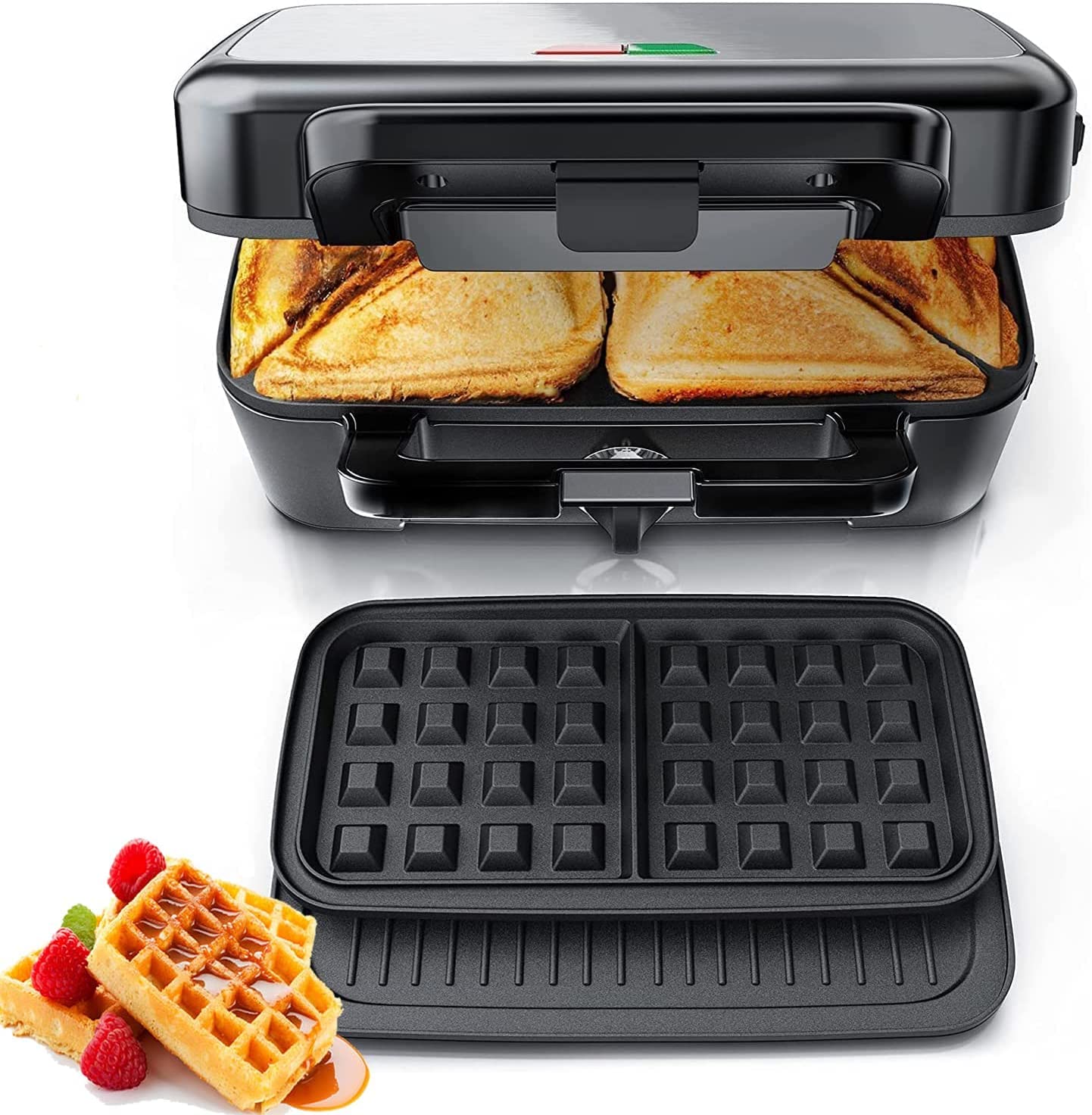 FOHERE 3-in-1 Sandwich Maker, 1200W Waffle Maker & Panini Press Grill, 3 Removable Non-stick Plates, 5-Gear Temp Control, Grilled Cheese Maker, Quick Breakfast, LED Indicators, Stainless Steel/Black